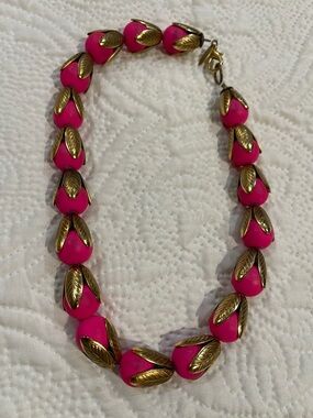 Lenora Dame Hot Pink Beaded Necklace with Gold Leaf Accents 16”